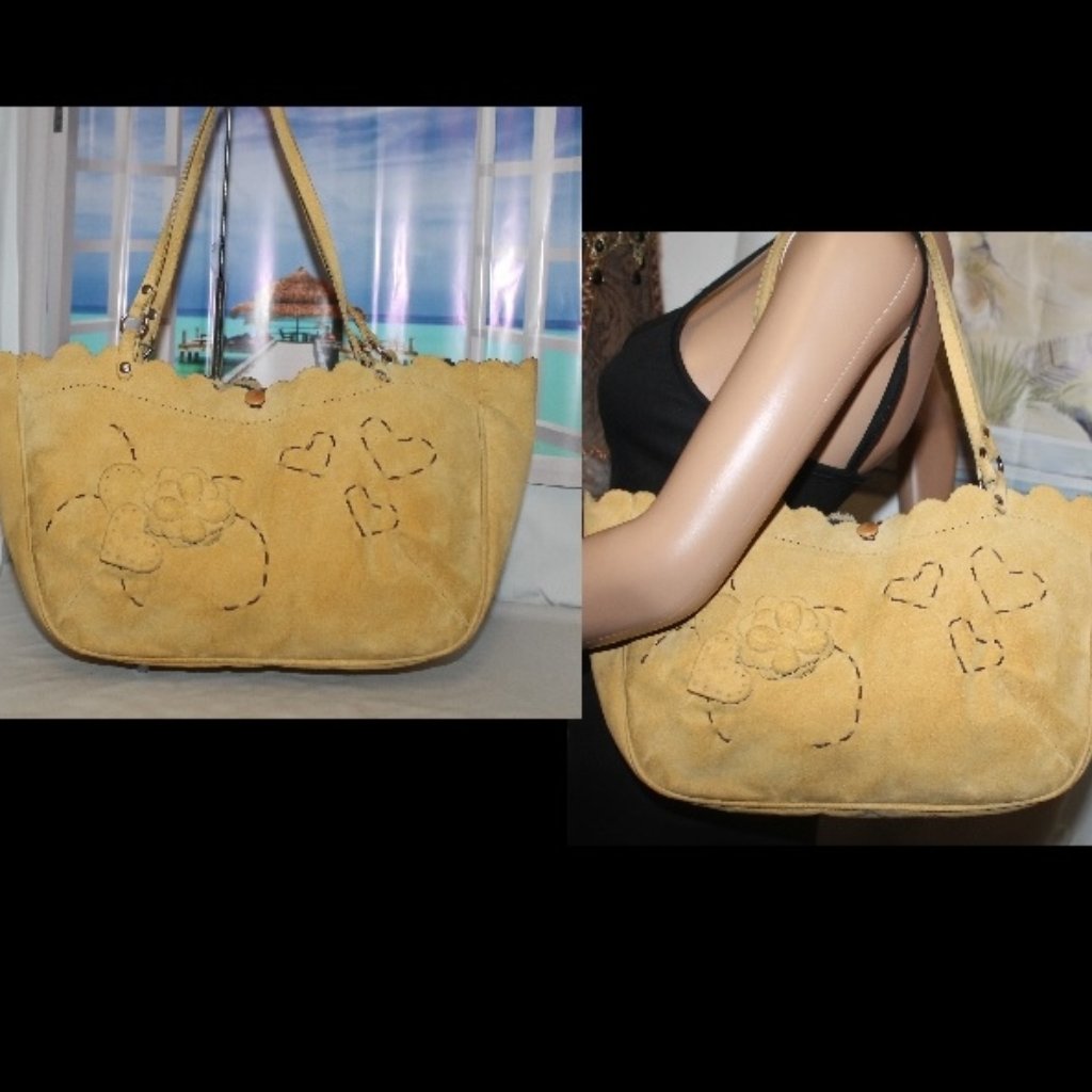 $428 Sunny Yellow Serpui Marie Suede Leather Applique Tote Handbag Purse